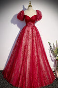 Burgndy Tulle Short Sleeve Formal Evening Dress, A-Line Long Prom Dress TP558