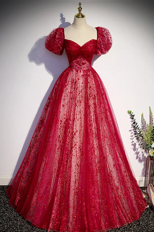 Burgndy Tulle Short Sleeve Formal Evening Dress, A-Line Long Prom Dress TP558