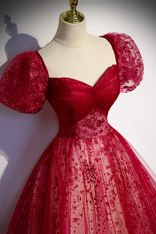 Burgndy Tulle Short Sleeve Formal Evening Dress, A-Line Long Prom Dress TP558