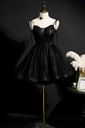 Black Tulle Short Prom Dress, Lovely A-Line Spaghetti Strap Party Dress TP561