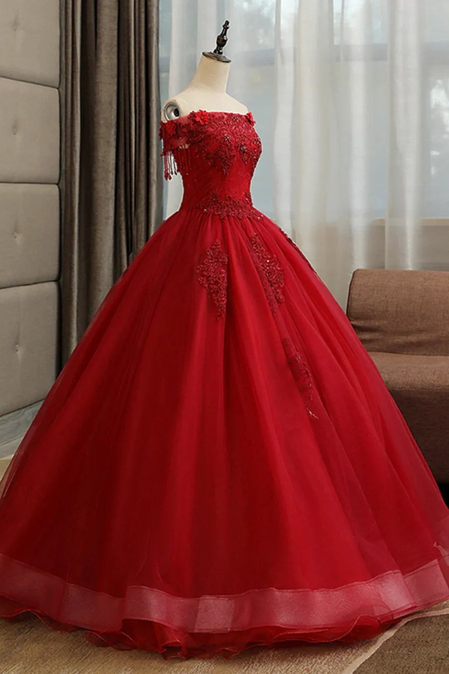 Burgundy Lace Long Formal Evening Dress, A-Line Lace Ball Gown TP567