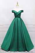 Green Satin Long Prom Dress, Off the Shoulder Evening Party Dress TP569