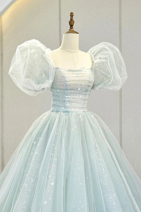 Lovely Puff Sleeve Tulle Formal Evening Gown, A-Line Long Prom Dress TP580