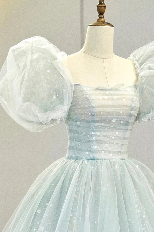Lovely Puff Sleeve Tulle Formal Evening Gown, A-Line Long Prom Dress TP580