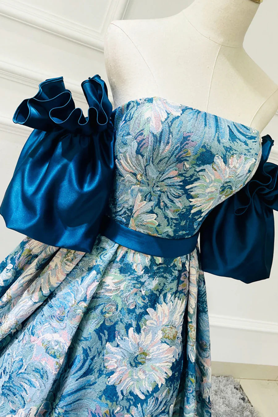 Blue Floral Long Senior Prom Dress, Blue A-Line Evening Dress TP583
