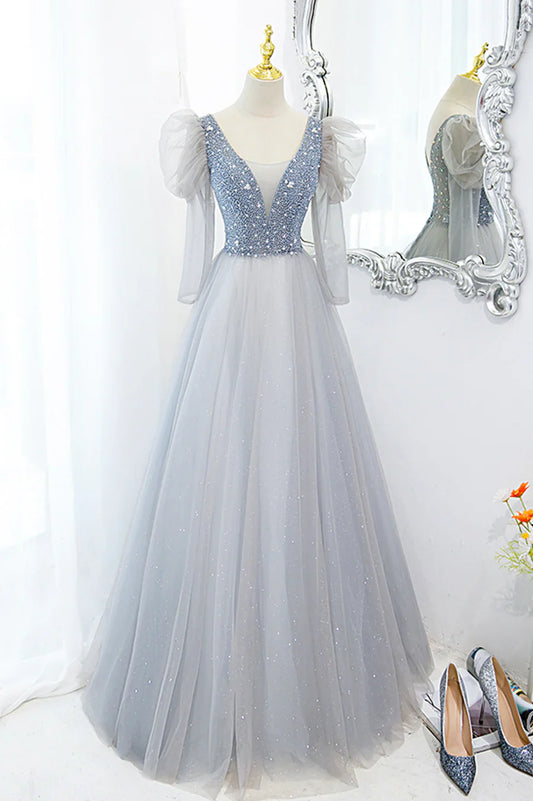 Cute V-Neck Tulle Beaded Long Prom Dress, Gray A-Line Evening Party Dress TP592