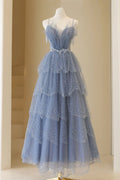 Blue Tulle Layers Straps Beaded Long Prom Dress, Blue A-Line Evening Dress TP594