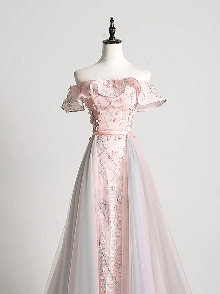 Lovely Tulle Applique Long Prom Dress, A-Line Evening Dress with Detachable Skirt TP599