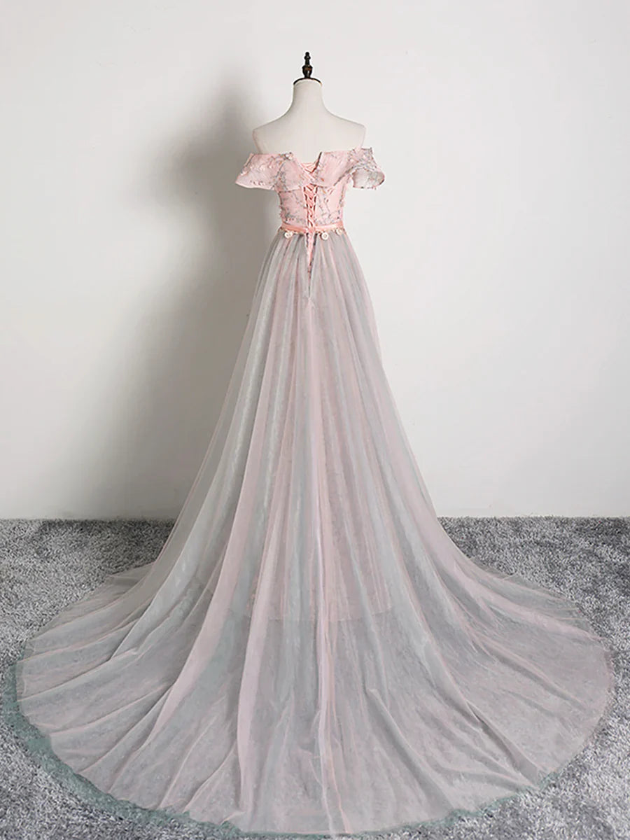 Lovely Tulle Applique Long Prom Dress, A-Line Evening Dress with Detachable Skirt TP599