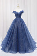 Blue Off the Shoulder Long Party Dress Evening Gown, Blue Junior Prom Dress TP602