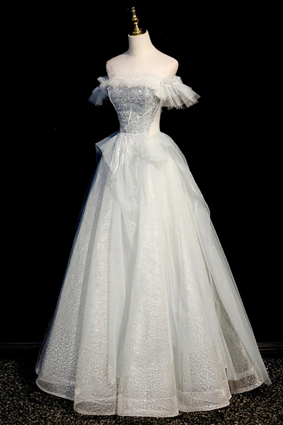Off the Shoulder Tulle Long Prom Dress, A-Line Evening Dress TP604