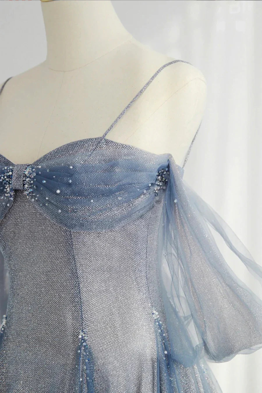 Blue Spaghetti Strap Tulle Long Prom Dress, A-Line Formal Dress TP609