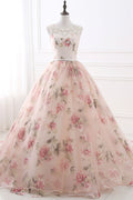 Pink Floral Pattern Lace Long Prom Dress, A-Line Formal Dress TP615