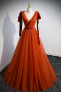 Simple V-Neck Tulle Long Prom Dress, A-Line Formal Evening Dress TP618