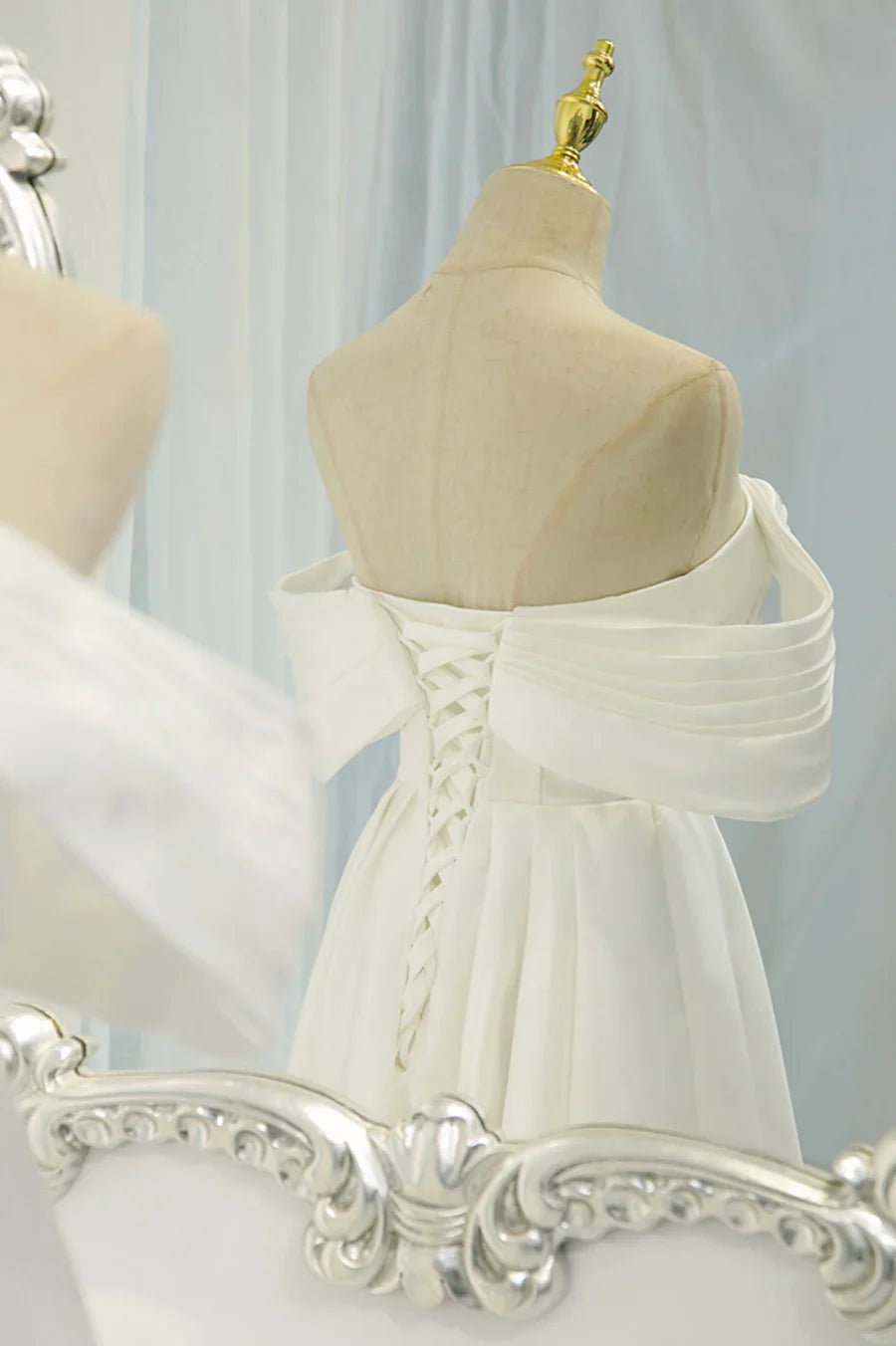 White Satin Long Prom Dress, Off the Shoulder Evening Dress TP625
