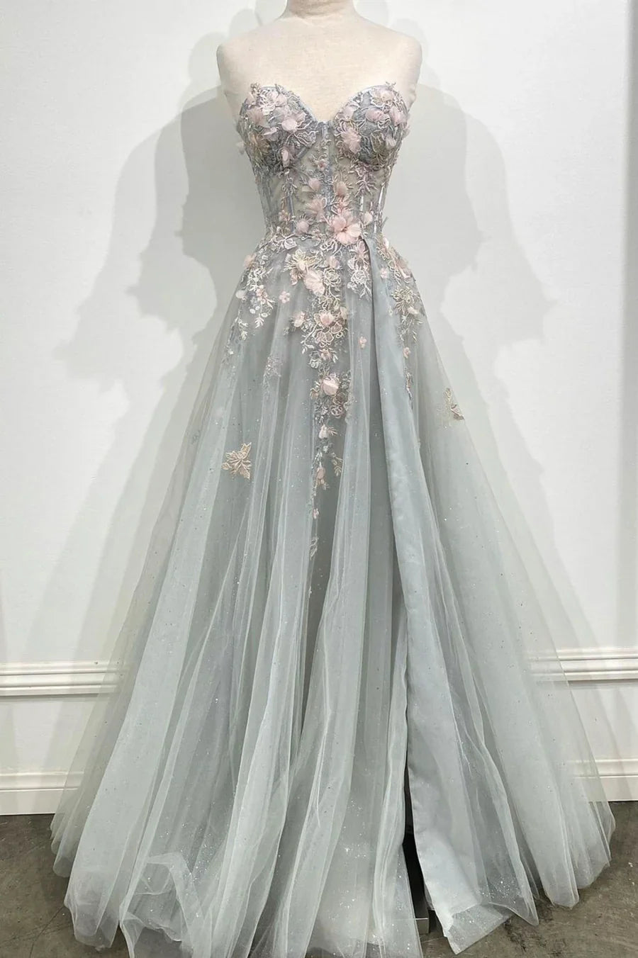 Vintage Strapless 3D Pink Floral Embroidery Sparkle Tulle Evening Dress TP627