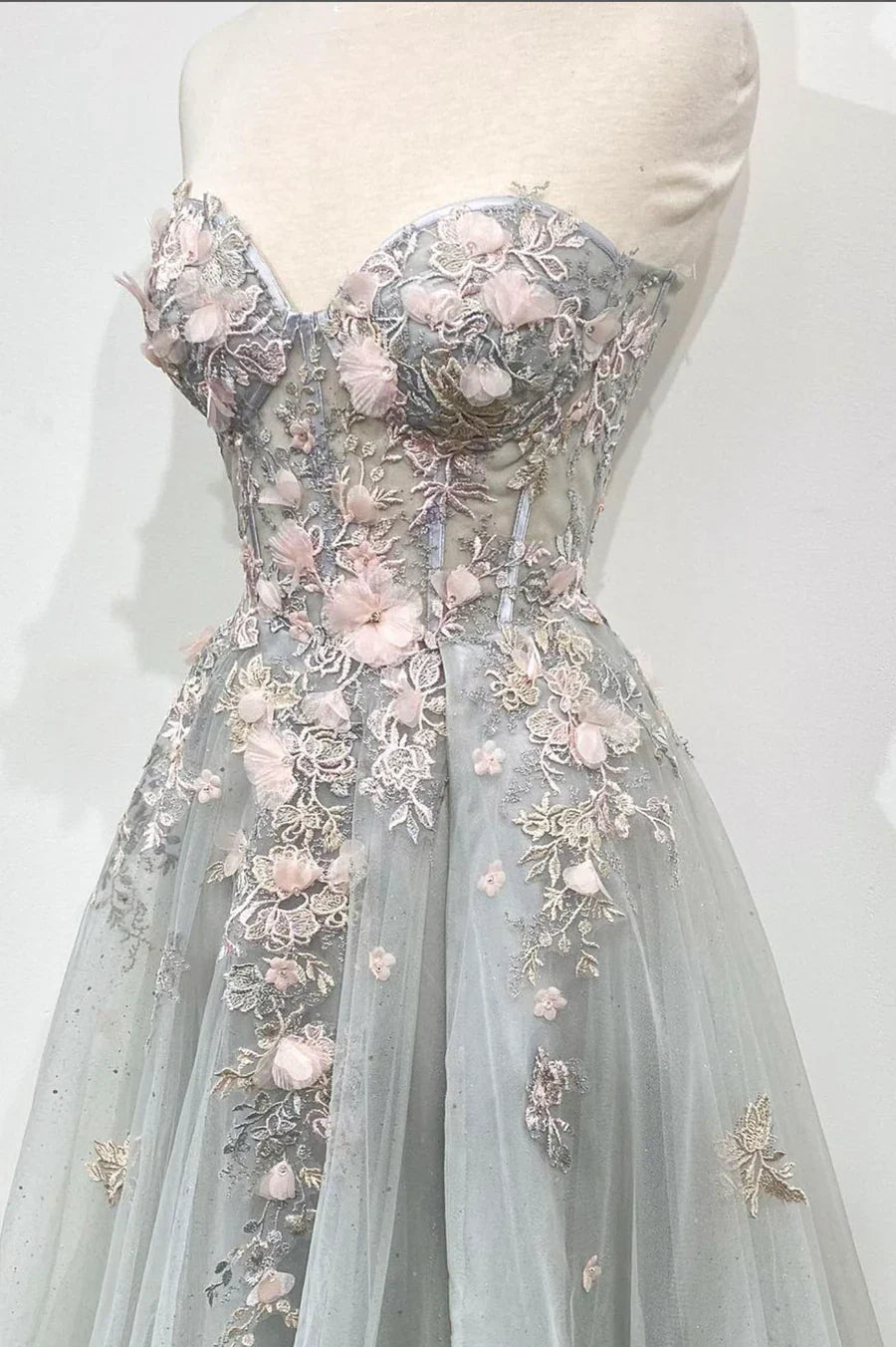 Vintage Strapless 3D Pink Floral Embroidery Sparkle Tulle Evening Dress TP627