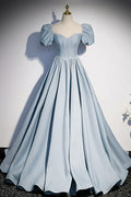 Blue Satin Pearl Long Prom Dress, Blue A-Line Short Sleeve Evening Dress TP632