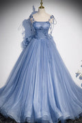 Blue Spaghetti Strap Tulle Long Dress, Blue Evening Dress with Bow TP633