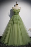 Green Tulle Long A-Line Prom Dresses, Green Spaghetti Straps Evening Dresses TP641