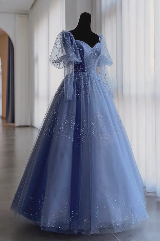 Blue Tulle Beading Long Prom Dresses, A-Line Evening Dresses TP642