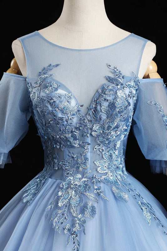 Blue Lace Long A-Line Prom Dresses, Blue Evening Dresses TP660
