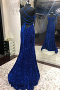Mermaid Sequins Long Prom Dresses, Blue Backless Evening Dresses TP669