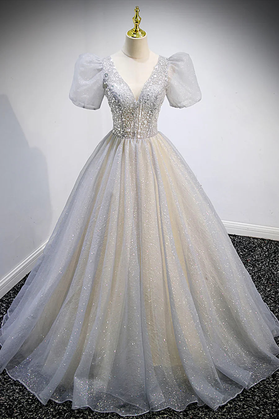 Grey V-Neck Tulle Beading Long Prom Dresses, A-Line Evening Dresses TP681