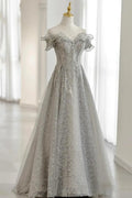 Grey Tulle Sequins Long A-Line Prom Dresses, Off the Shoulder Evening Dresses TP683