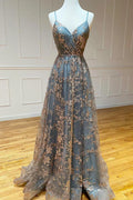 Grey Tulle Sequins Long Prom Dresses, A-Line Spaghetti Straps Evening Dresses TP685