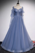 Blue Tulle Beading Long Prom Dresses, A-Line Formal Evening Dresses TP688