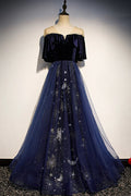 Elegant Navy Blue Applique Velvet Tulle Vintage A-Line Long Prom Dress Evening Dress TP689