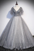 Grey V-Neck Tulle Long Prom Dresses, A-Line Evening Dresses TP690