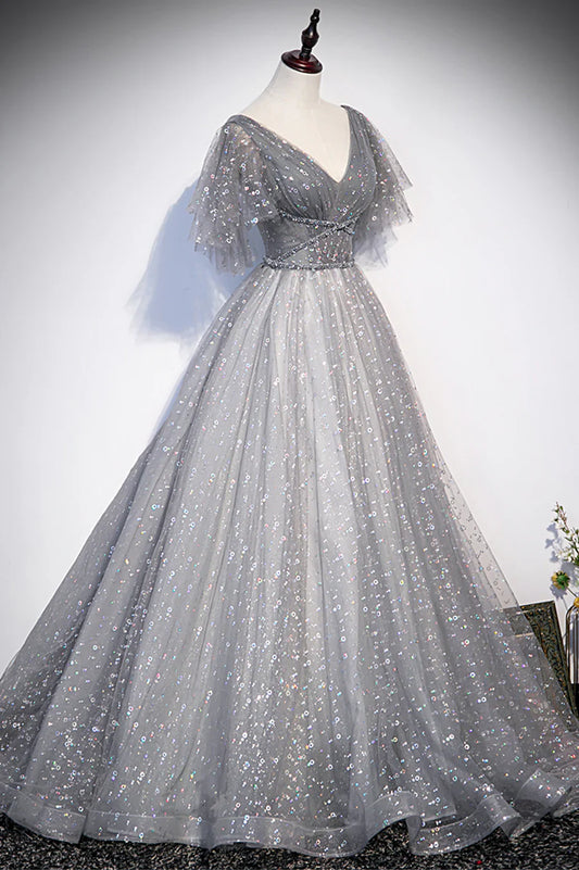 Grey V-Neck Tulle Long Prom Dresses, A-Line Evening Dresses TP690
