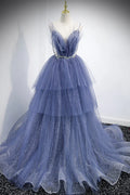 Blue Layers Tulle Long Prom Dresses, A-Line Spaghetti Straps Evening Dresses TP691
