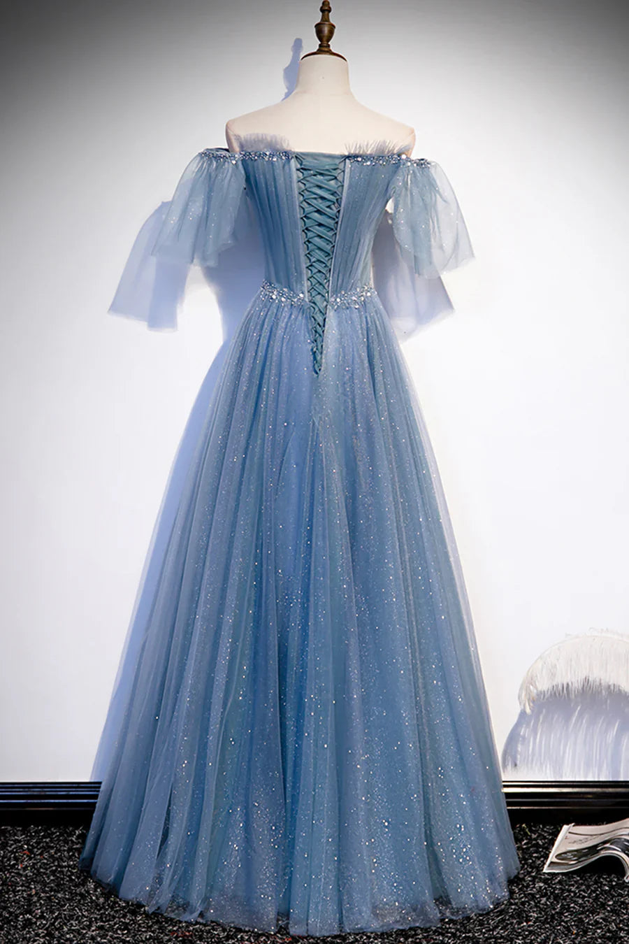 Blue Tulle Beading Long Prom Dresses, A-Line Evening Party Dresses TP695