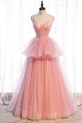 Pink Tulle Long Prom Dresses, A-Line Evening Dresses TP698