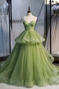 Green Tulle Long Prom Dresses, A-Line Evening Dresses with Train TP700