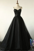 Black A-Line Spaghetti Strap Long Prom Dresses, Black Evening Dresses TP714