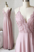 Pink Chiffon Lace Long Prom Dresses, V-Neck Spaghetti Strap Party Dresses TP715