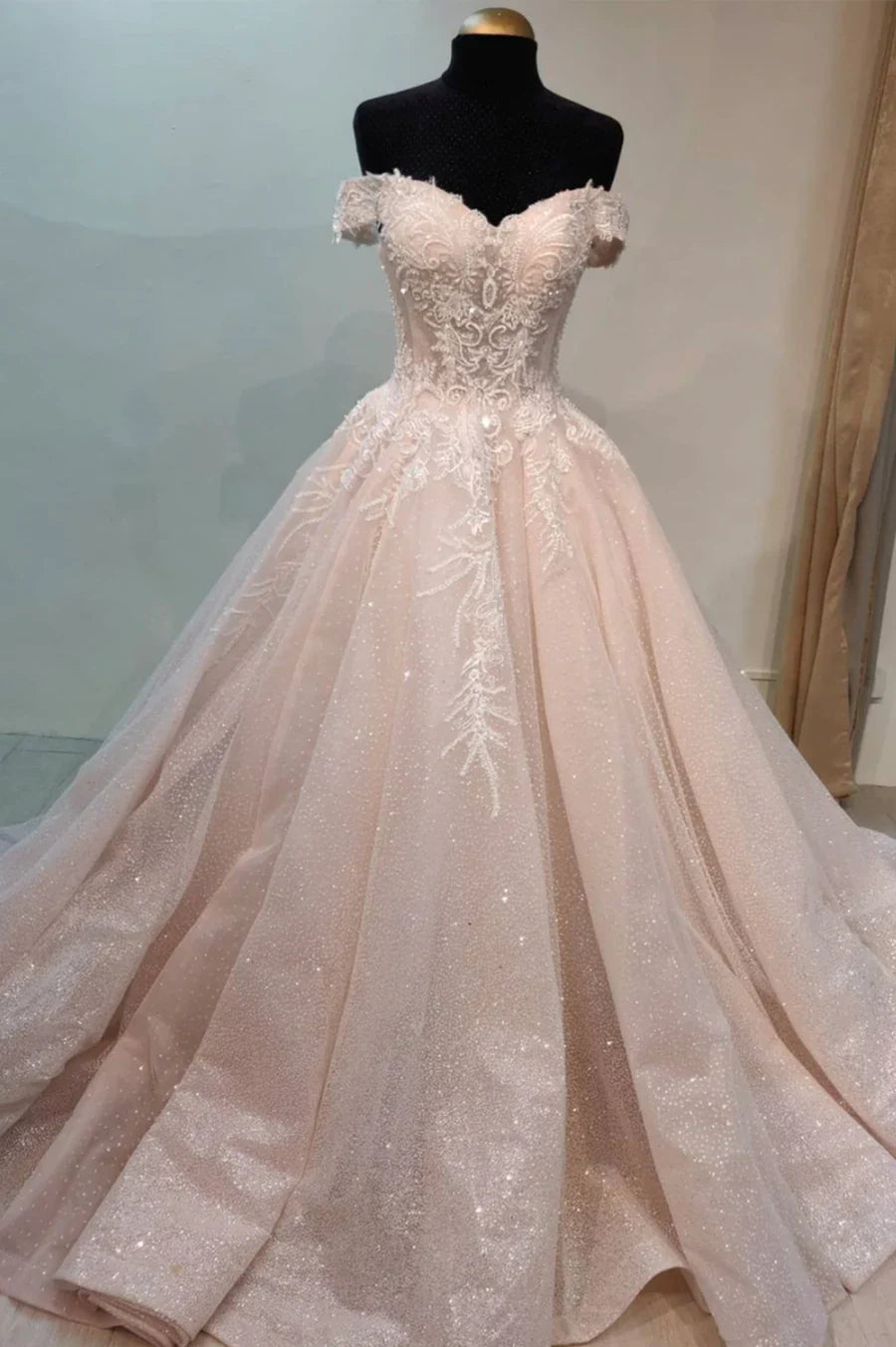 Pink Lace Long Prom Dresses, A-Line Off the Shoulder Evening Dresses TP721