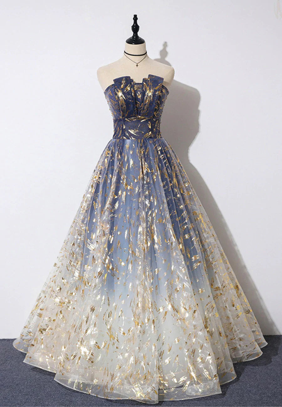 A-Line Strapless Tulle Long Prom Dresses, Cute Evening Party Dresses TP728