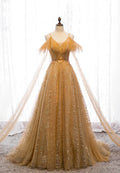 Gold V-Neck Tulle Long Prom Dresses, A-Line Evening Dresses TP744