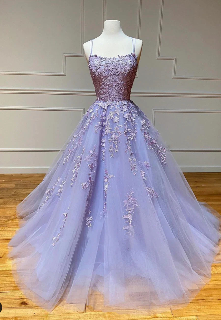 Purple Lace Long Prom Dresses, A-Line Backless Evening Dresses TP746