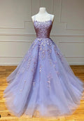 Purple Lace Long Prom Dresses, A-Line Backless Evening Dresses TP746