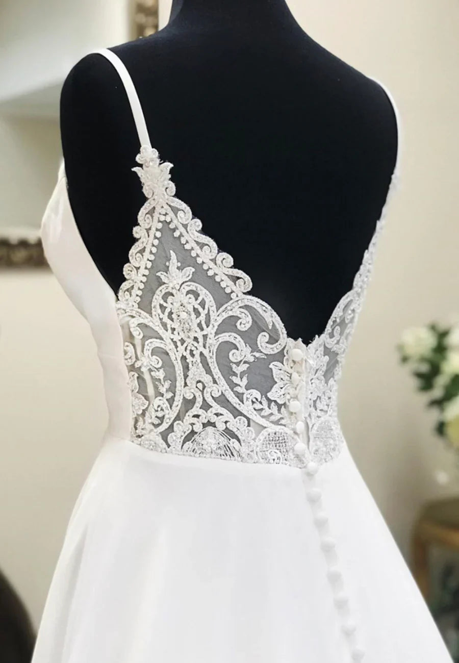 White V-Neck Long Prom Dresses, A-Line Lace Evening Dresses TP747