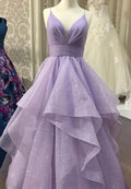 Purple V-Neck Tulle Long Prom Dresses, A-Line Evening Dresses TP756