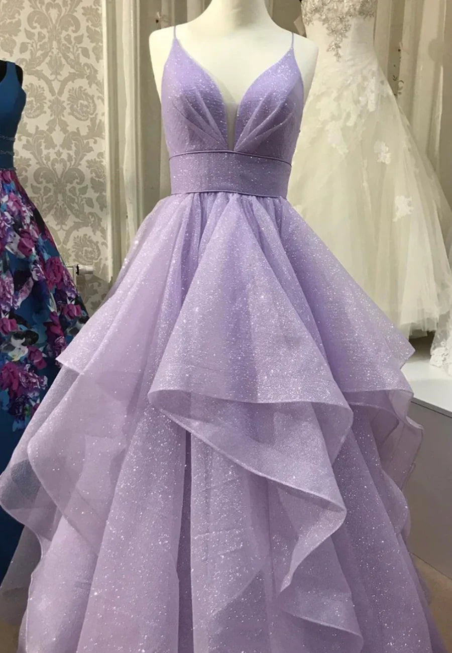 Purple V-Neck Tulle Long Prom Dresses, A-Line Evening Dresses TP756