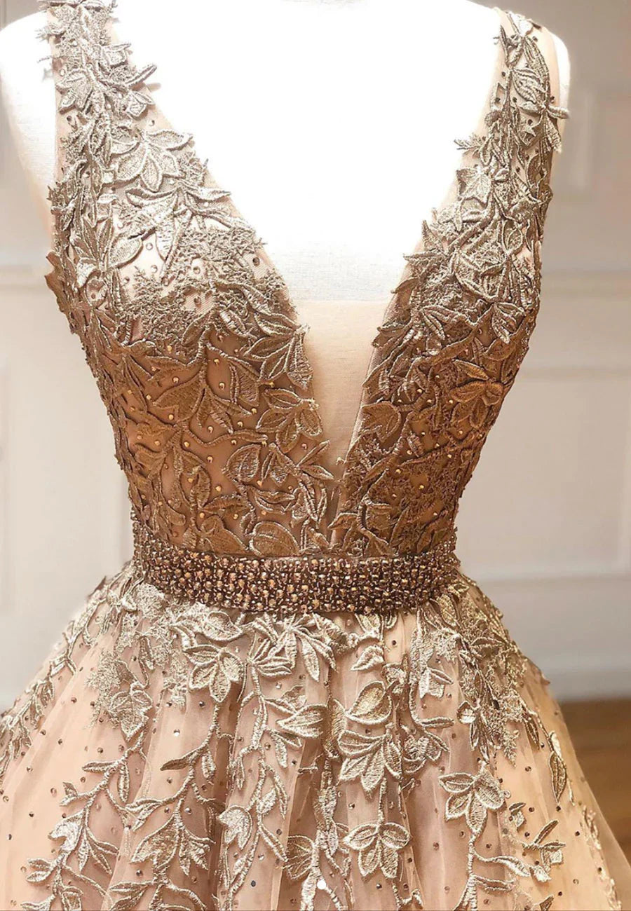 Plunging V-Neck Tulle Long Prom Dresses, Lace Formal Dresses TP761