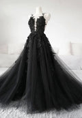 Black Tulle Lace Long Prom Dress, Black Formal Graduation Dress TP767